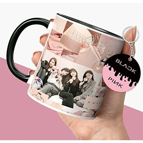 NH10 DESIGNS Black Pink Mug Blackpink Signature Mug with Keychain Gift for Girls Boys Hd Printed Microwave Safe Three Tone Black Ceramic Coffee Mug (350 ml)(3TONEBLKPNKMK-01) Pack of 2