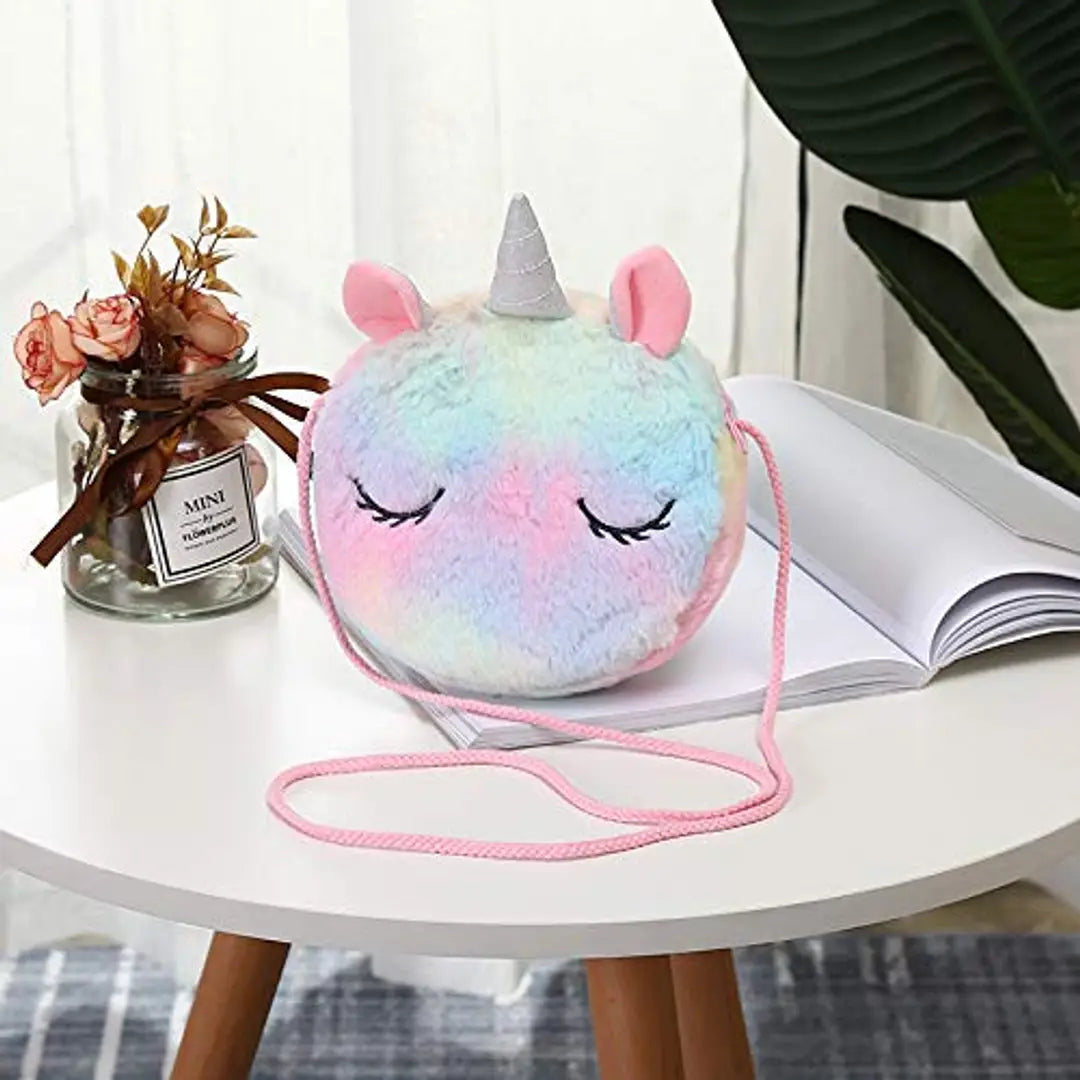 Sanjis Enterprise Rainbow Unicorn Plush Fuzzy Fur Mini Sling Round Bag Cute Bag for Kids Girls chidren. White