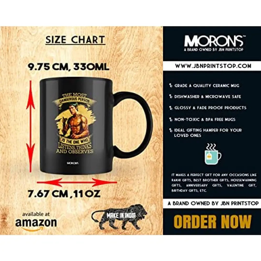 Morons Printed Black Patch Quote by Bruce Lee Coffee Mug | Bruce Lee Merchandise | Printed Motivational Quotes on Coffee Mug Gift for Friends (Black, Pack of 1, 330 ml)