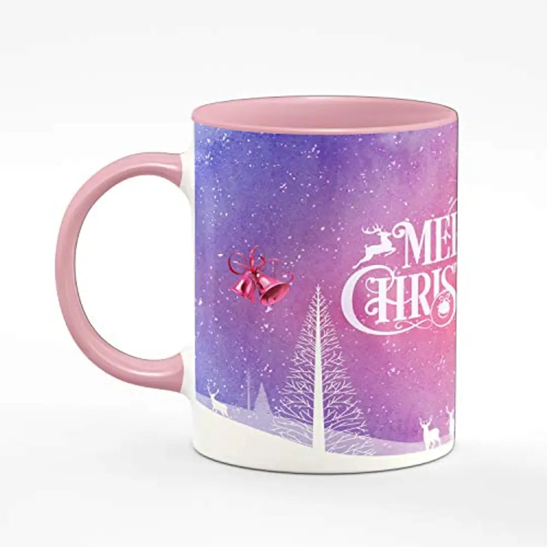 PRAMONITA Christmas Design Merry Christmas & Christmas Bells Printed Pink Colour Ceremic Coffee Mug Gift for Family | Gift for Christmas & New Year