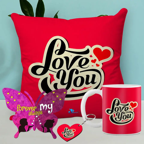 Valentine Gift Combo Printed Cushion with Filler, Coffee Mug With Butterfly Shaped Greeting Card And Heart Shaped Wooden Key Chain