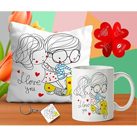 Paperholic Creations Micro Satin Romantic Riding Love Couple Printed Cushion Cover 12x12 with Filler, Coffee Mug 330ml, Love Card and Keychain- Valentine Gift for Wife, Husband