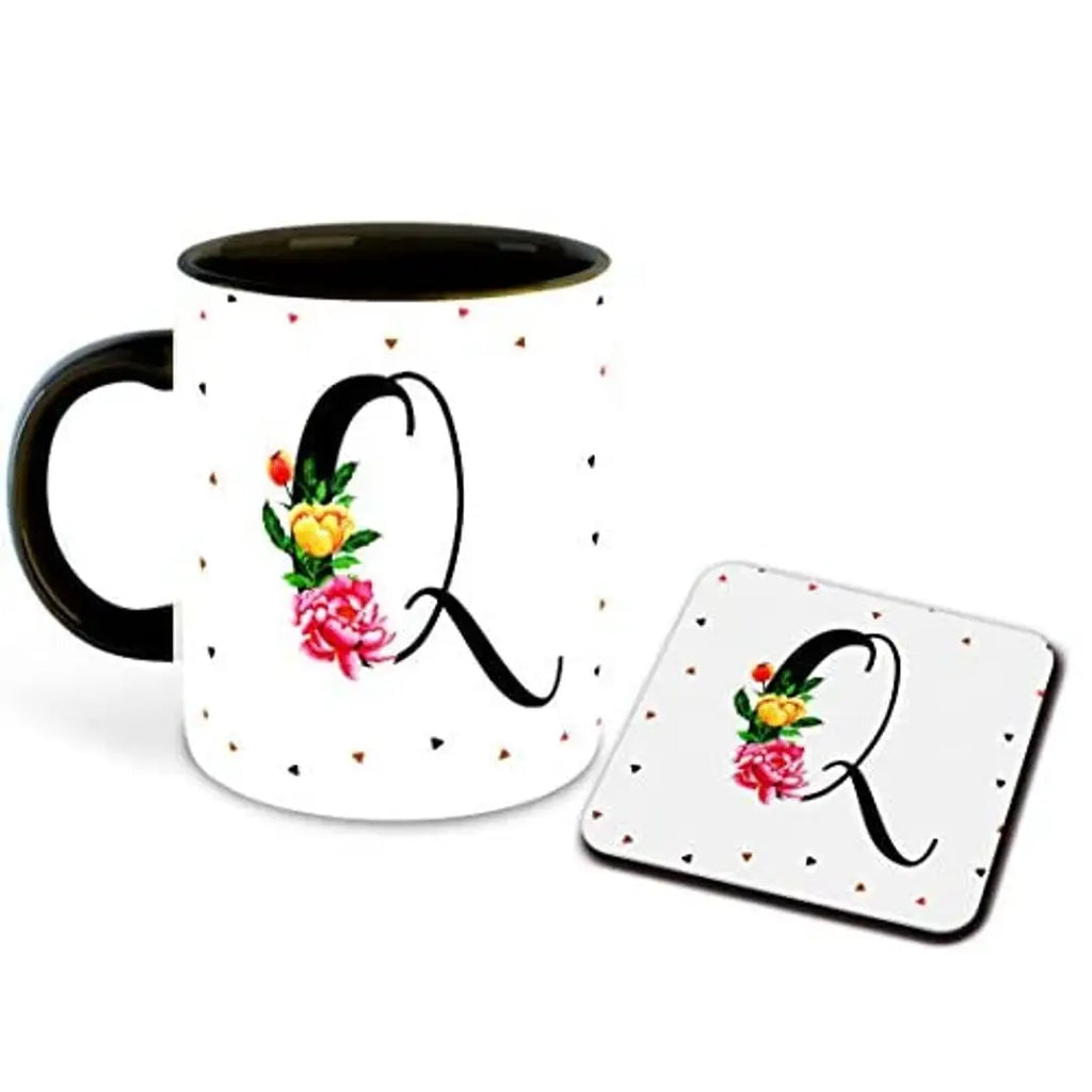 Whats Your Kick? (CSK) - Letter Q Name Initial Alphabet Inspiration Printed Black Inner Ceramic Coffee Mug and Tea Mug with Coaster- Birthday | Anniversary (Multi 17)