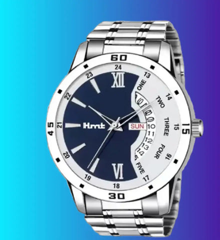 Stylish Steel Round Shape Dial Silver Analogue Watch For Men With Day And Date Display