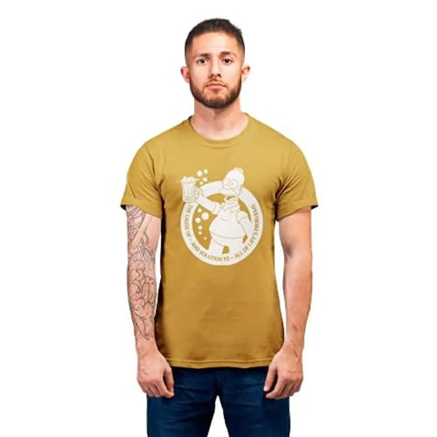 satyuga Men's Cotton T-Shirt - Round Neck, Half Sleeves, Printed, Mustard, Large Casual Wear Tees for Men (Simpson Beer Mug)