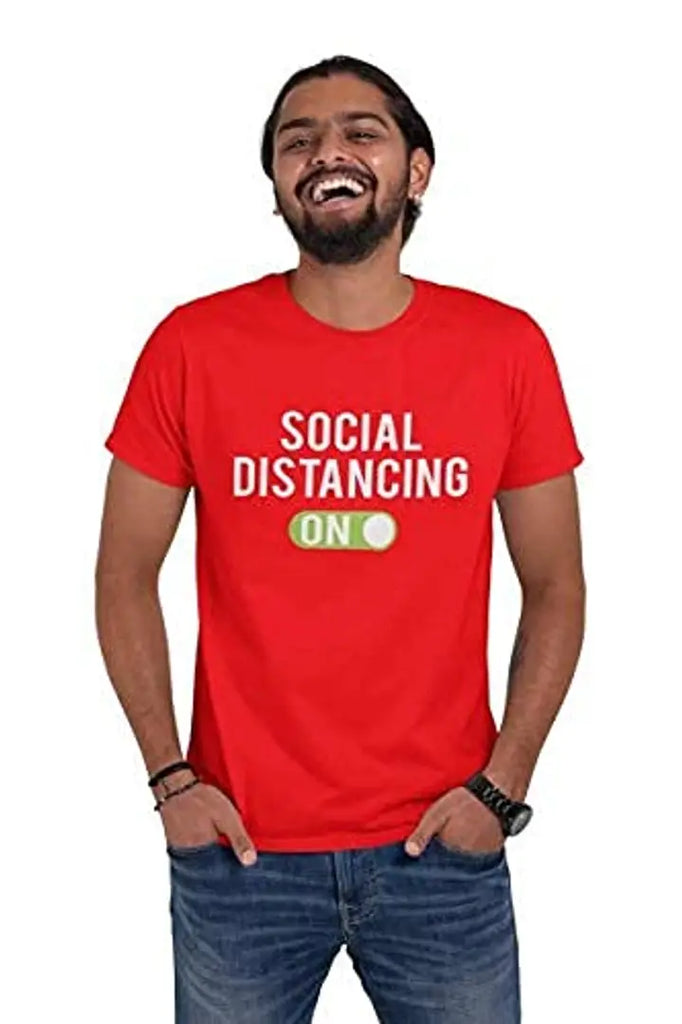 THREAD MONK Men's Cotton Social Distancing On Printed Round Neck Half Sleeves Regular Fit T-Shirt Red