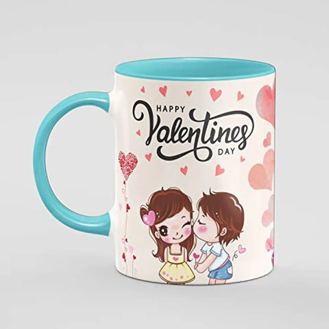 PRAMONITA Valentine Special Love Gift for His Or Her Happy Valentine Day Printed Inner Colour Ceramic Coffee Mug- Best Love Quotes, Couple, Best Gift | Gift for Loved Ones (Sky Blue)