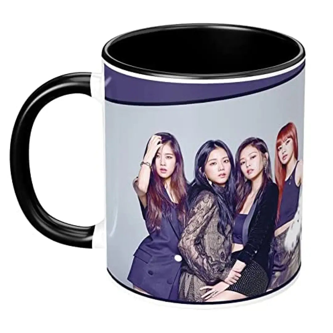 NH10 DESIGNS Black Pink Mug Blackpink Signature Mug with Keychain Gift for Girls Boys Hd Printed Microwave Safe Three Tone Black Ceramic Coffee Mug (350 ml)(3TONEBLKPNKMK-04) Pack of 2