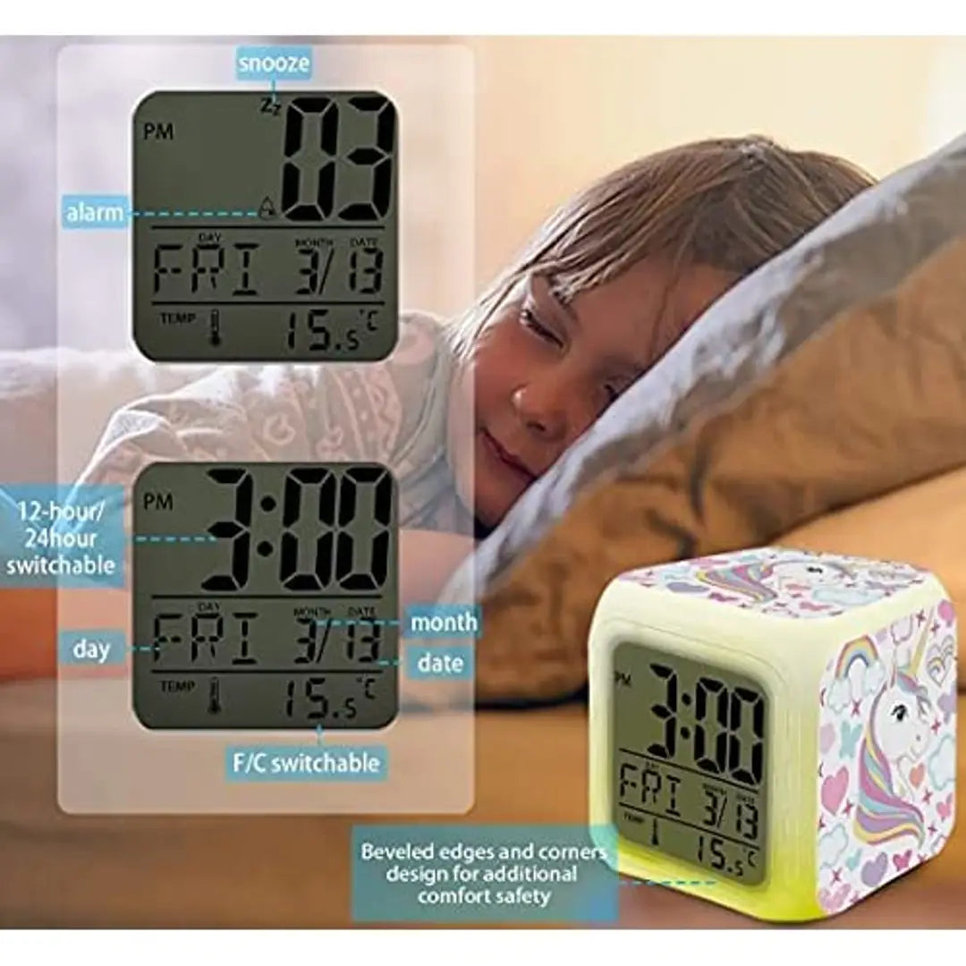 SAMVARDHAN Unicorn Plastic Cube Shape 7 Colors Changing Light and Different Alarm Sound Digital Alarm Clock (Multicolor)