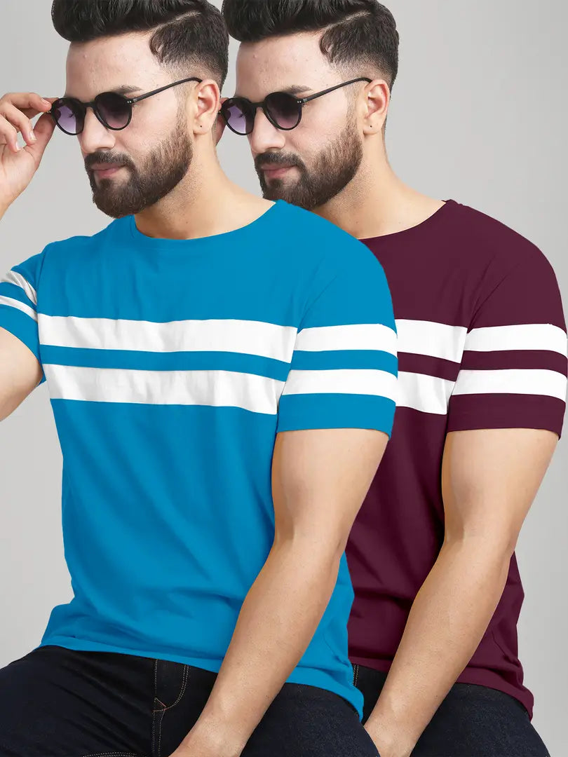 Elegant Cotton Blend Colourblocked Round Neck Tees For Men- Pack Of 2