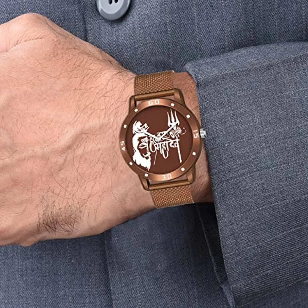 HAPPY KHAJANA Brown MATT Finish HAR HAR MAHADEV Watch with Brown PU Belt with Black Leather Brown RUDRAKSHA Bracelet