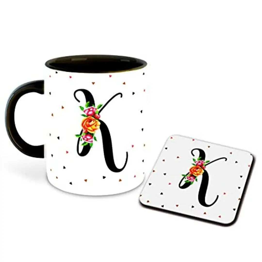 Whats Your Kick? (CSK) - Letter K Name Initial Alphabet Inspiration Printed Black Inner Ceramic Coffee Mug and Tea Mug with Coaster- Birthday | Anniversary (Multi 11)