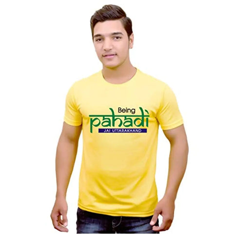 Himshikhar Fashions ||Round/Crew Neck Pahadi Quote Printed T-Shirt | 100% Polyester T-Shirt | Yellow Color