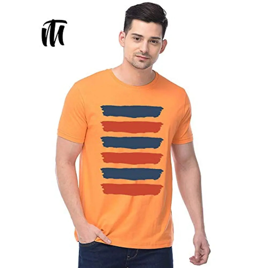 ThreadMonk Cotton Men's Brush Stroke Printed Half Sleeves Tshirts Regular Fit (Orange, Large)