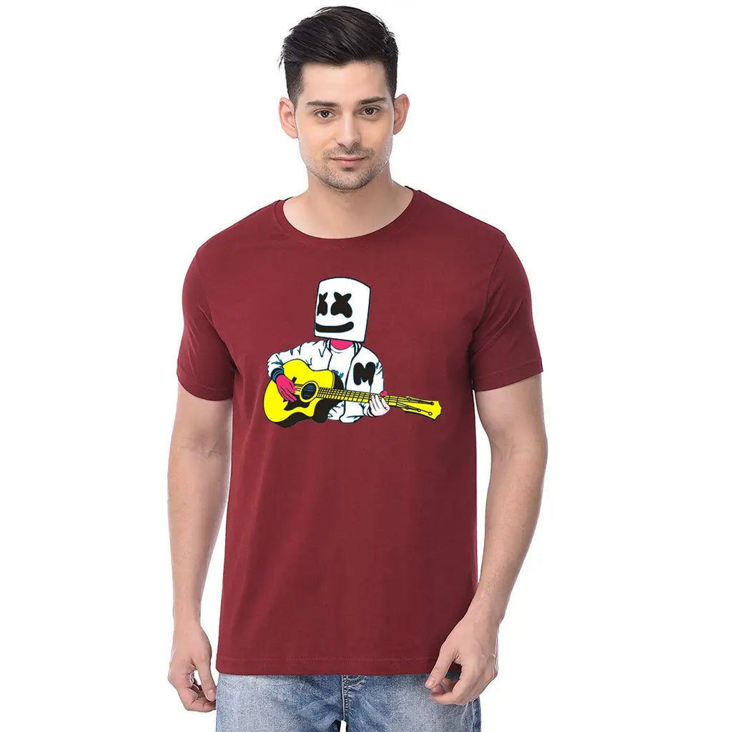 ThreadMonk Cotton Men's Guitar Printed Half Sleeves Tshirts Regular Fit (Maroon, Small)