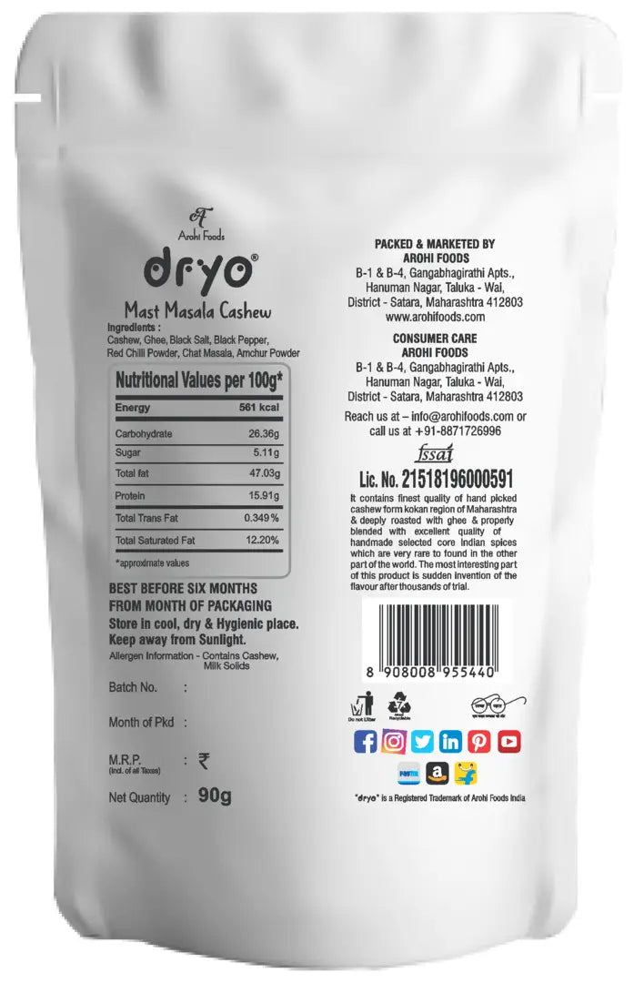 Dryo Raw Fruit Classic Roasted Masala Cashews, Spicy Flavor Snacks (Mast Masala Cashew, 270 Gram) (Pack of 3 x 90g)