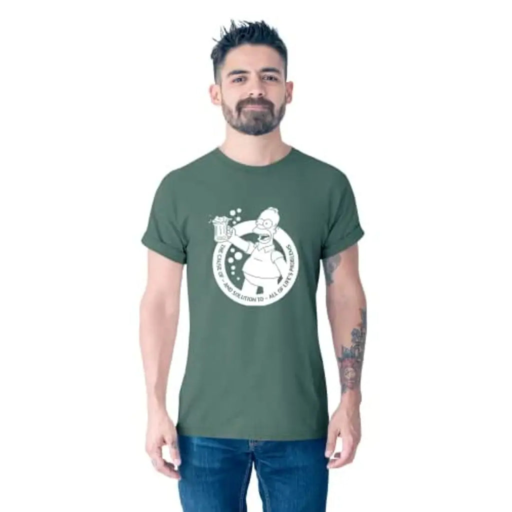 satyuga Men's Cotton T-Shirt - Round Neck, Half Sleeves, Printed, Green, XX-Large Casual Wear Tees for Men (Simpson Beer Mug)