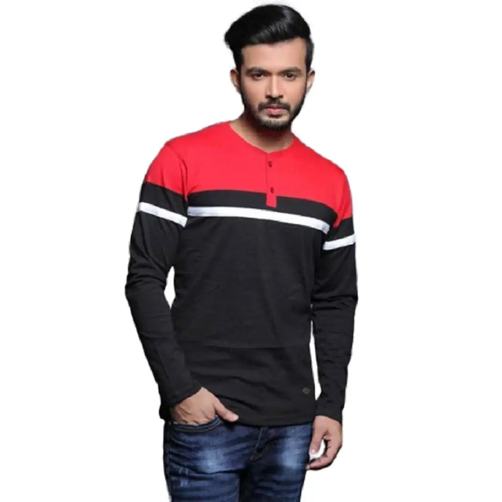 RiseMax Colourblocked Cotton Blend M28 Full Sleeve Henley Neck Regular Fit T-Shirt for Men