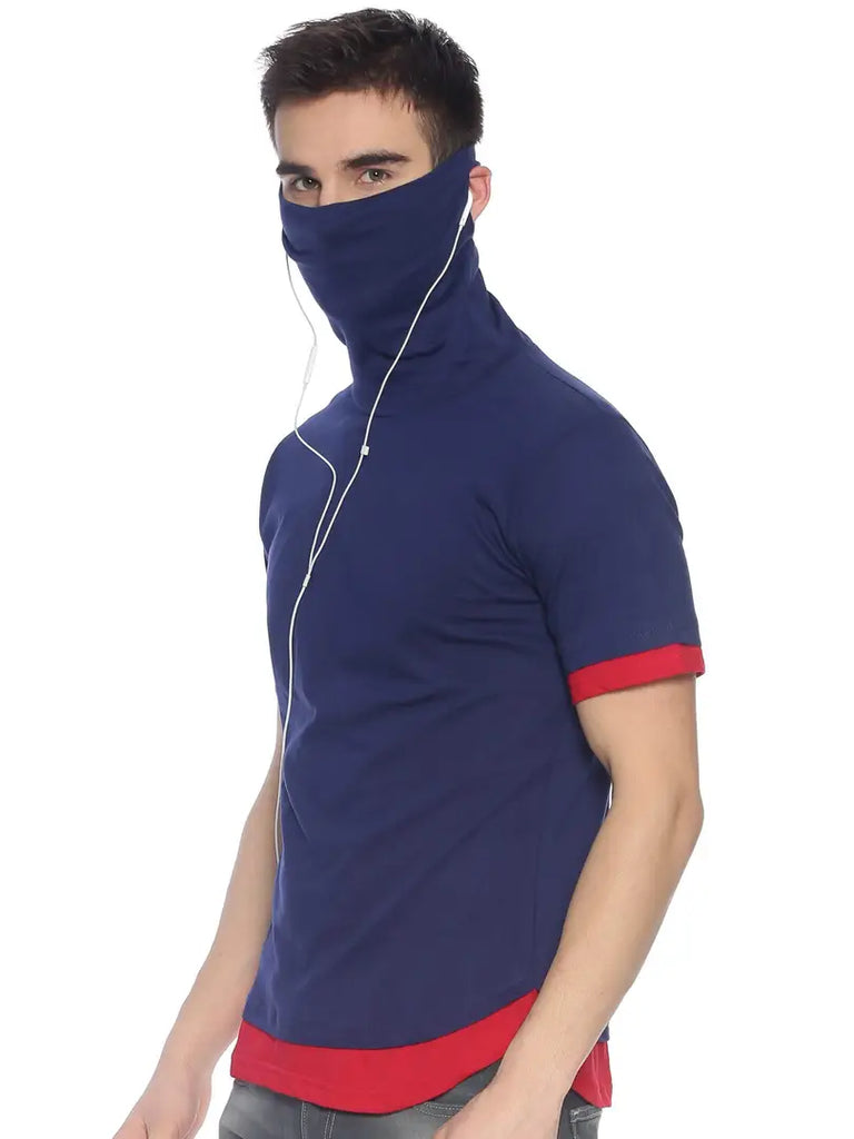 TEES PARK Men's Cotton Half Sleeves High Turtle Cowl Neck Mask T-Shirt