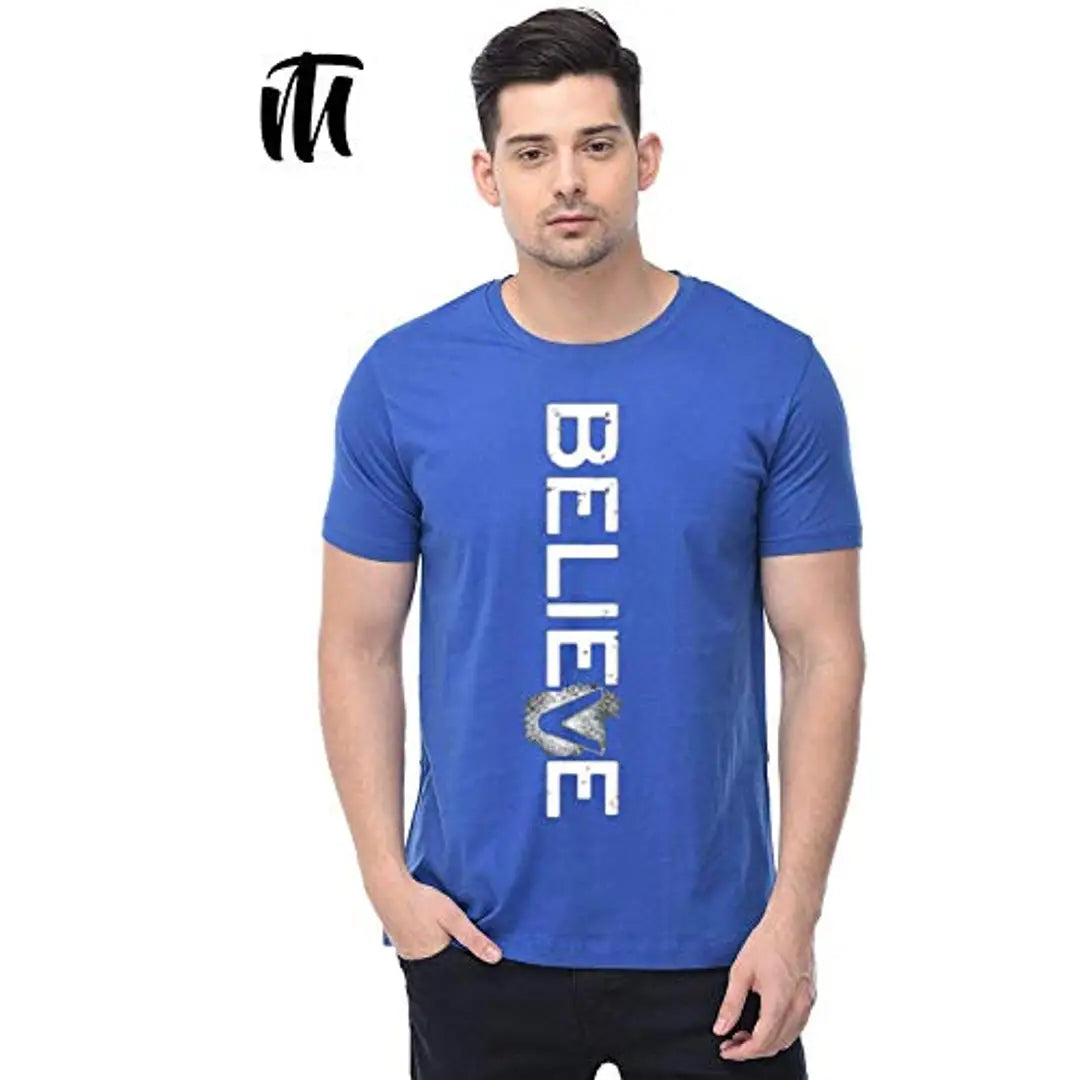 ThreadMonk Cotton Men's Believe Printed Half Sleeves Tshirts Regular Fit (Blue, Small)