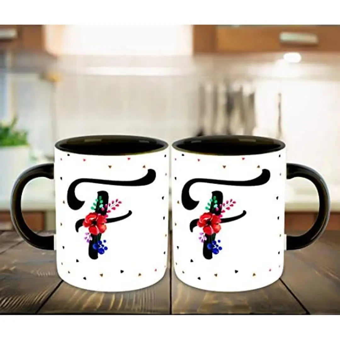 Whats Your Kick? (CSK) - Letter F Name Initial Alphabet Inspiration Printed Black Inner Ceramic Coffee Mug and Tea Mug with Coaster- Birthday | Anniversary (Multi 6)