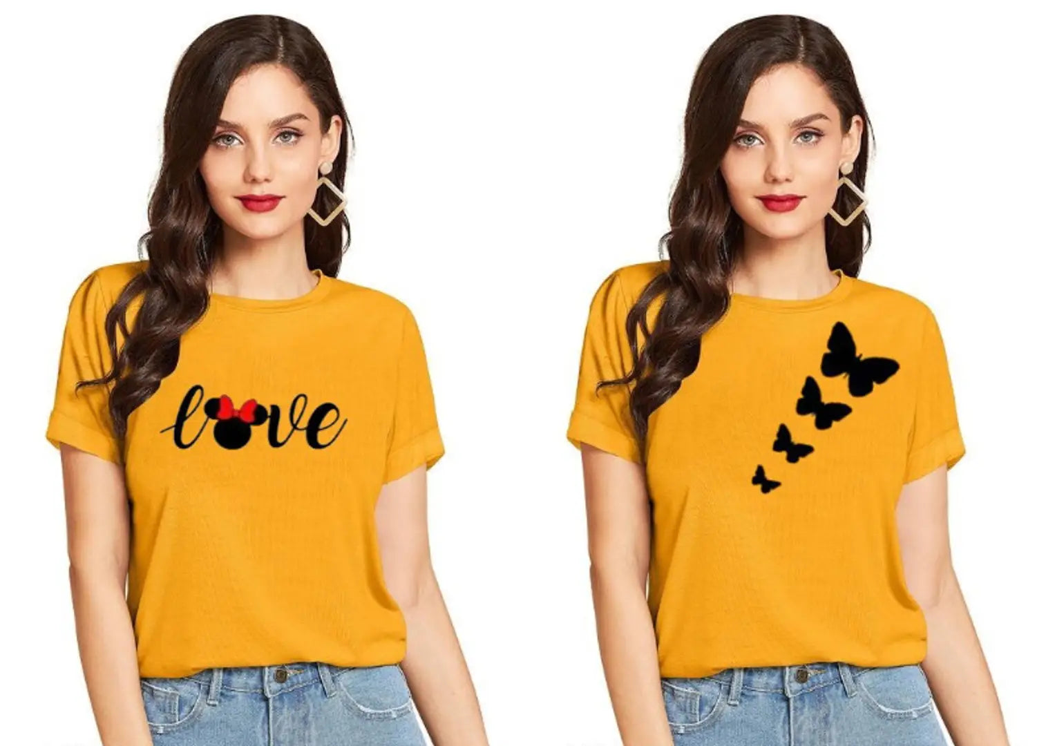 Elegant Yellow Cotton Printed Round Neck T-Shirts For Women- Pack Of  2