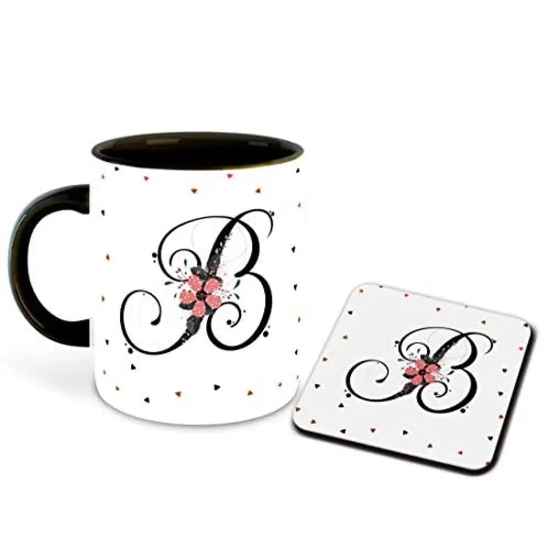 Whats Your Kick? (CSK) - Letter B Name Initial Alphabet Inspiration Printed Black Inner Ceramic Coffee Mug and Tea Mug with Coaster- Birthday | Anniversary (Multi 2)