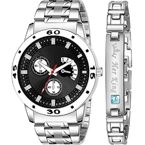 HAPPY KHAJANA Black MATT Finish DIAL and Silver CASE Watch with Silver Steel Belt with Silver MATT Finish King Bracelet with Blue Diamond