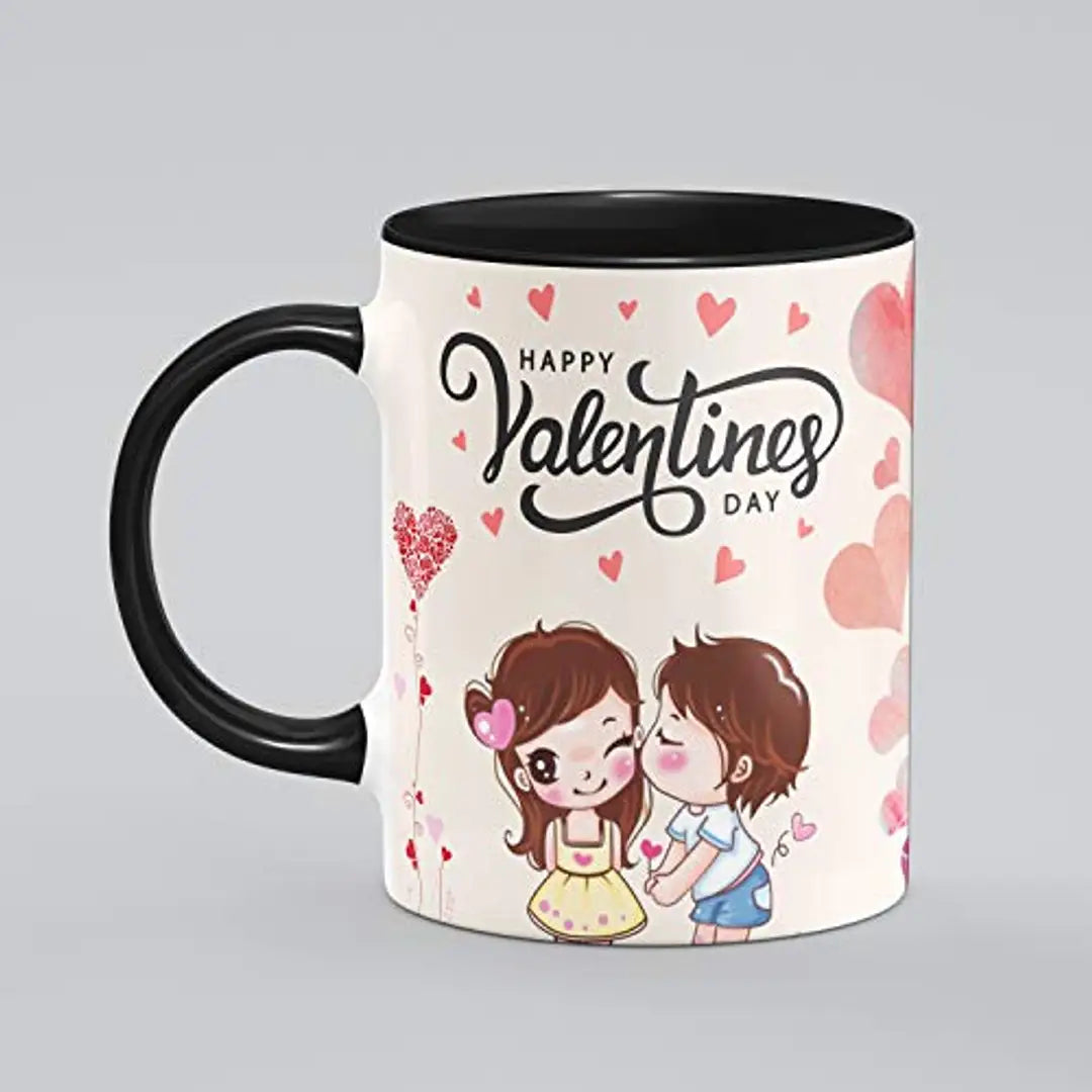 PRAMONITA Valentine Special Love Gift for His Or Her Happy Valentine Day Printed Inner Colour Ceramic Coffee Mug- Best Love Quotes, Couple, Best Gift | Gift for Loved Ones (Black)