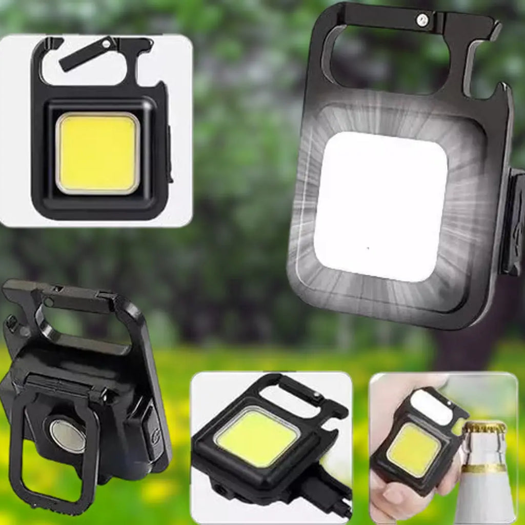Multifunction Keychain Led Light With Bottle Opener, Magnetic Base And Folding Bracket Mini COB 500 Lumens Rechargeable Emergency Light Keychain (Black)  Pack Of 1