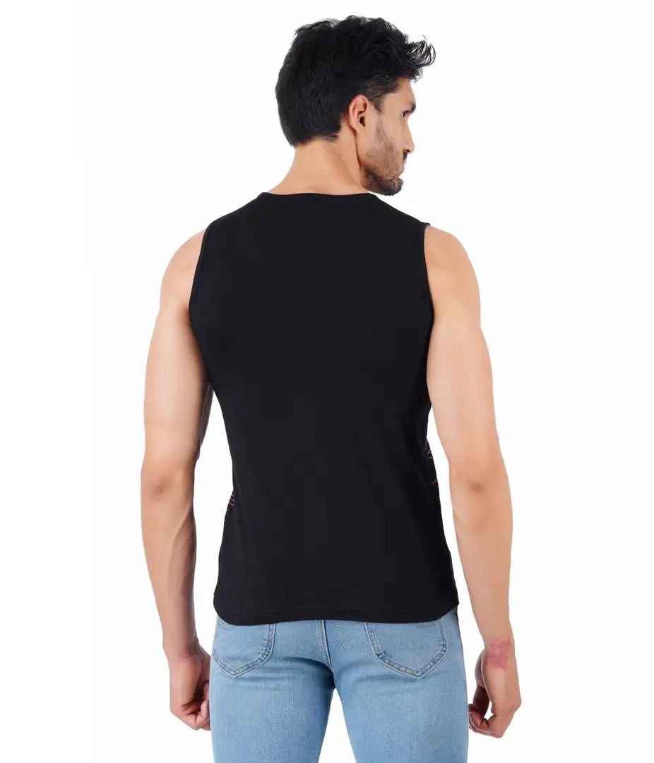 CHECKERSBAY Mens Printed Cotton Jersey Sleeveless T Shirt (L, Black)
