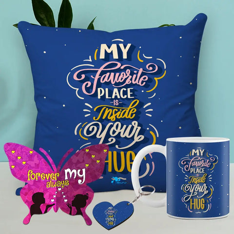 Valentine Gift Combo Printed Cushion with Filler, Coffee Mug With Butterfly Shaped Greeting Card And Heart Shaped Wooden Key Chain