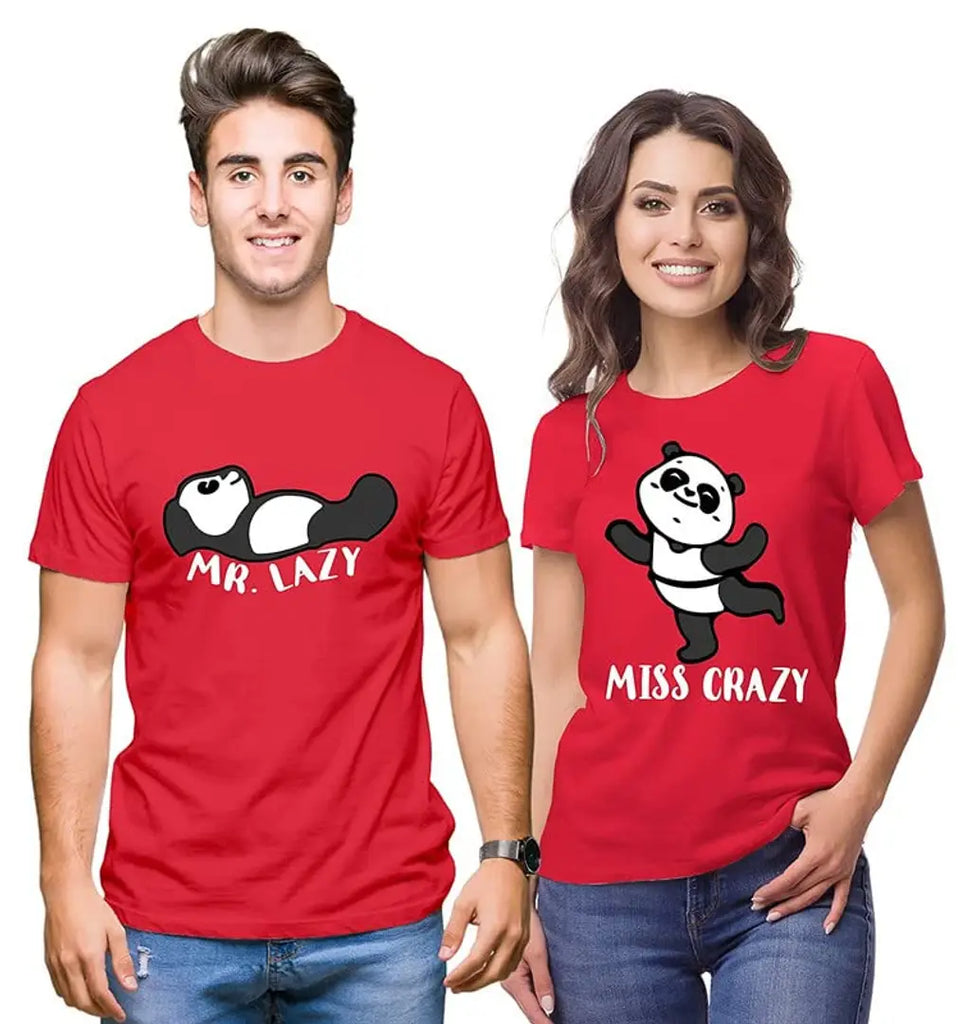 Tshirts Buddy Couple Tshirts for Husband and Wife Men's and Women's Lover-Mr Lazy Miss Crazy-Pack of 2