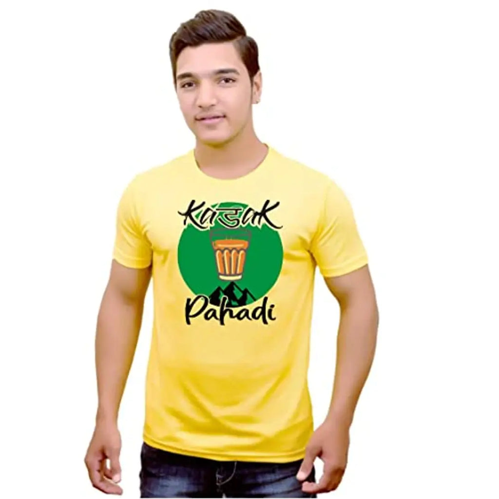 Himshikhar Fashions || Round Neck Pahadi Quote KADAK PAHADI Printed T-Shirt for Men  Women| 100% Polyester T-Shirt (Yellow)