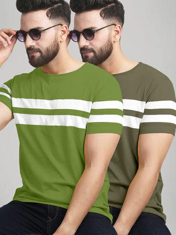 Elegant Cotton Blend Colourblocked Round Neck Tees For Men- Pack Of 2