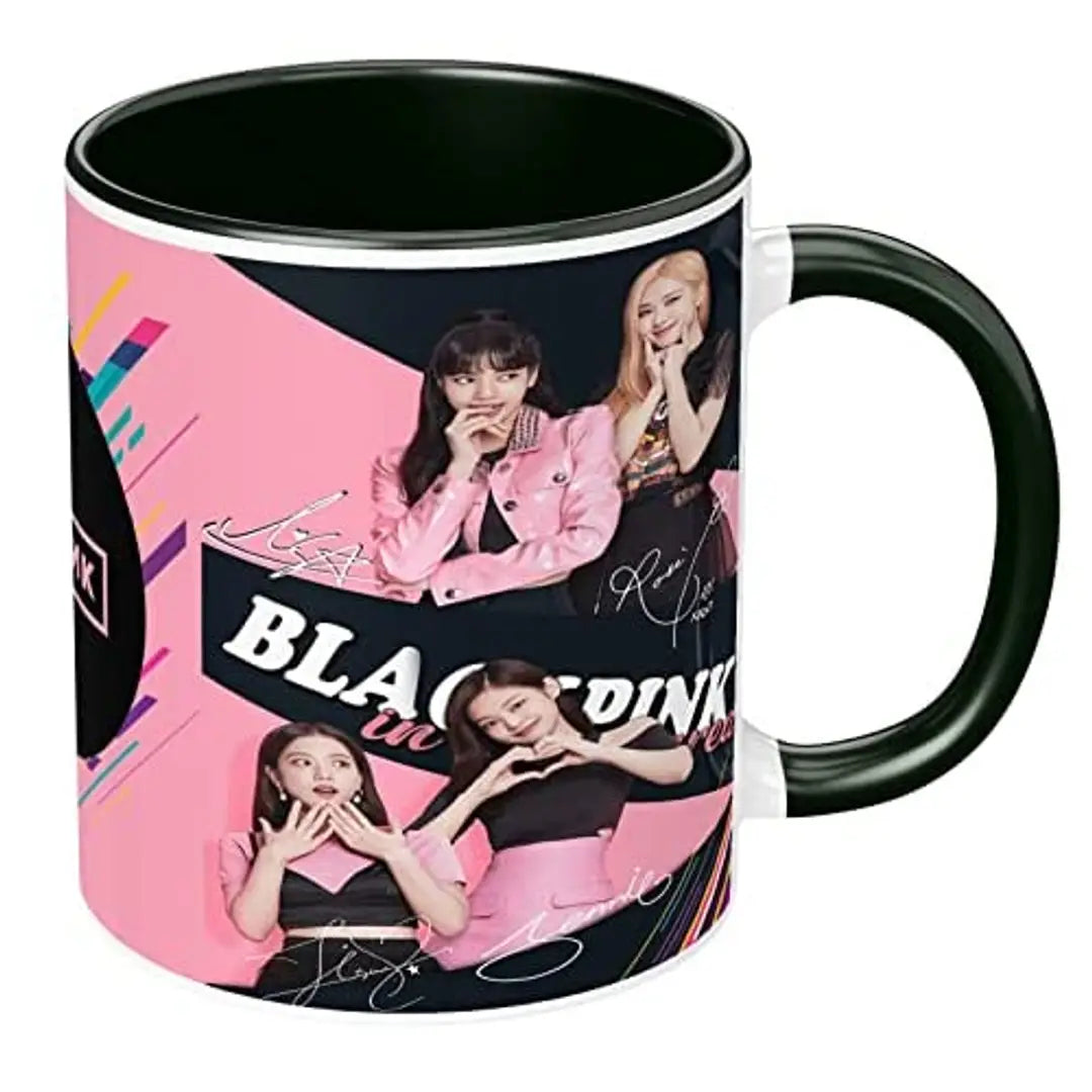 NH10 DESIGNS Black Pink Mug Blackpink Signature Mug with Keychain Gift for Girls Boys Hd Printed Microwave Safe Three Tone Black Ceramic Coffee Mug (350 ml)(3TONEBLKPNKMK-05) Pack of 2