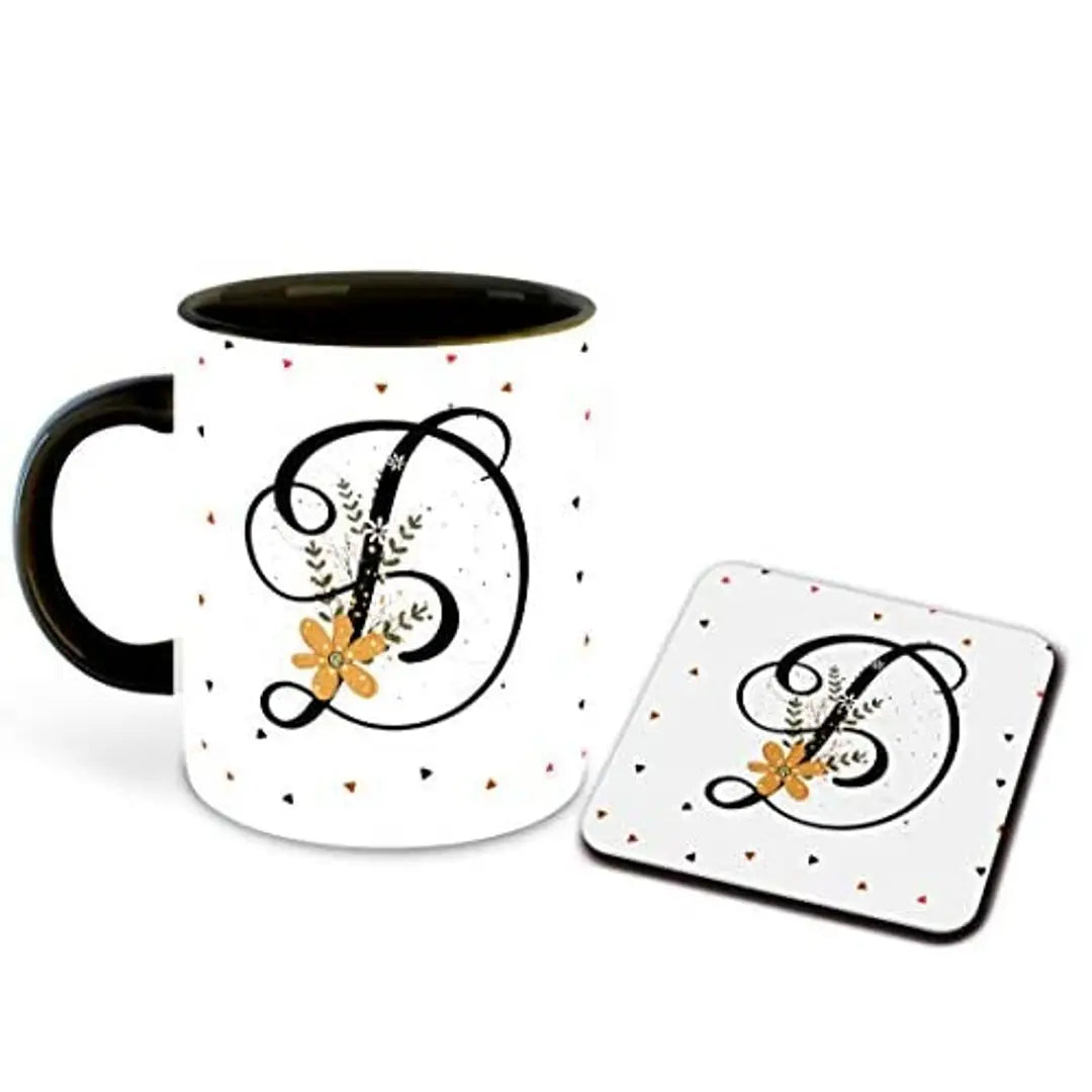 Whats Your Kick? (CSK) - Letter D Name Initial Alphabet Inspiration Printed Black Inner Ceramic Coffee Mug and Tea Mug with Coaster- Birthday | Anniversary (Multi 4)