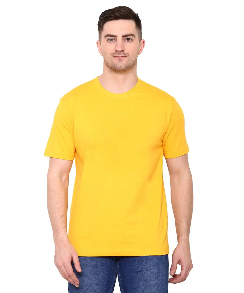 Trendy Cotton Yellow Solid Round Neck Short Sleeves T-shirt For Men