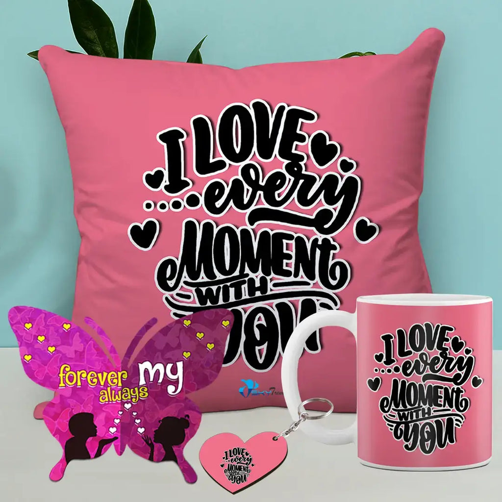 Valentine Gift Combo Printed Cushion with Filler, Coffee Mug With Butterfly Shaped Greeting Card And Heart Shaped Wooden Key Chain