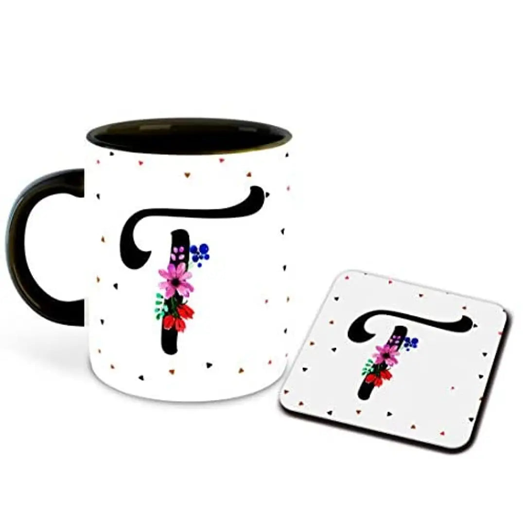 Whats Your Kick? (CSK) - Letter T Name Initial Alphabet Inspiration Printed Black Inner Ceramic Coffee Mug and Tea Mug with Coaster- Birthday | Anniversary (Multi 20)