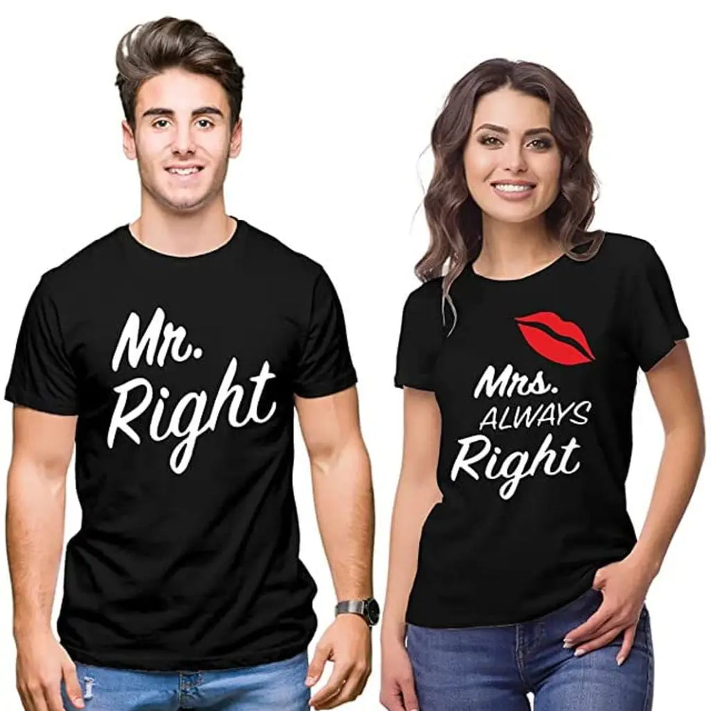 Tshirts Buddy Couple Tshirts for Husband and Wife Men's and Women's-Mr Right Mrs Always Right-Pack of 2