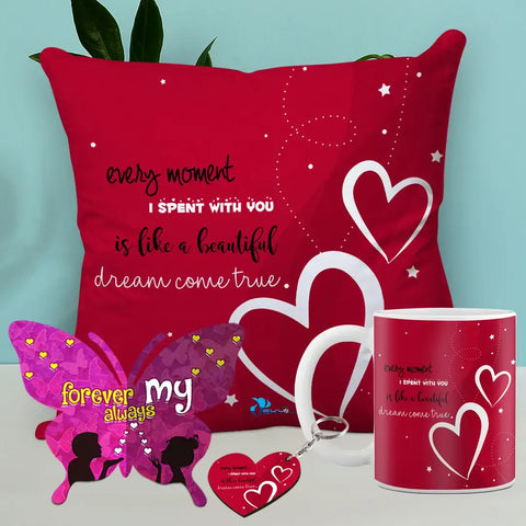 Valentine Gift Combo Printed Cushion with Filler, Coffee Mug With Butterfly Shaped Greeting Card And Heart Shaped Wooden Key Chain