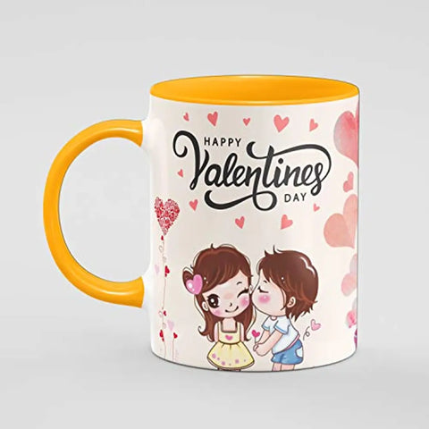 PRAMONITA Valentine Special Love Gift for His Or Her Happy Valentine Day Printed Inner Colour Ceramic Coffee Mug- Best Love Quotes, Couple, Best Gift | Gift for Loved Ones (Yellow)