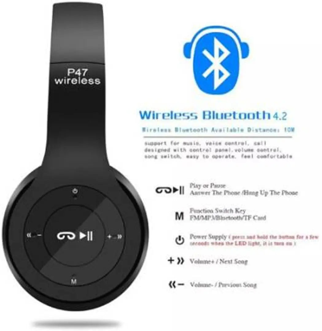 P47 Foldable Wireless Headphone Sports Headphone with Mic Bluetooth, Wired Headset&nbsp;&nbsp;(Black, On the Ear)