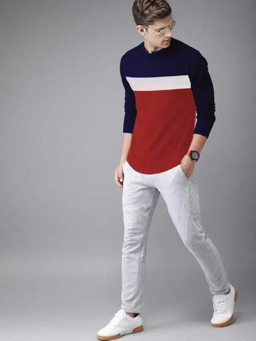 RiseMax Colourblocked Cotton Blend M42 Full Sleeve Round Neck Regular Fit T-Shirt for Men