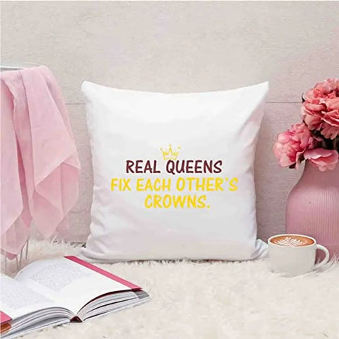 Designer Unicorn Printed Couple Cushion Cover with Filler, Real Queens fix Each Other's Crowns 12X12 inches