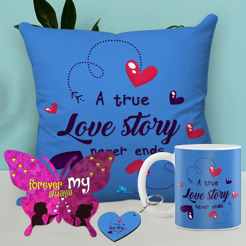 Valentine Gift Combo Printed Cushion with Filler, Coffee Mug With Butterfly Shaped Greeting Card And Heart Shaped Wooden Key Chain