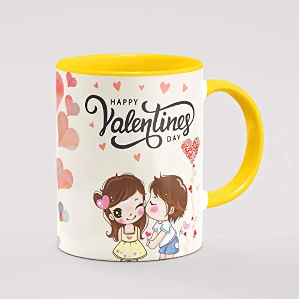 PRAMONITA Valentine Special Love Gift for His Or Her Happy Valentine Day Printed Inner Colour Ceramic Coffee Mug- Best Love Quotes, Couple, Best Gift | Gift for Loved Ones (Yellow)