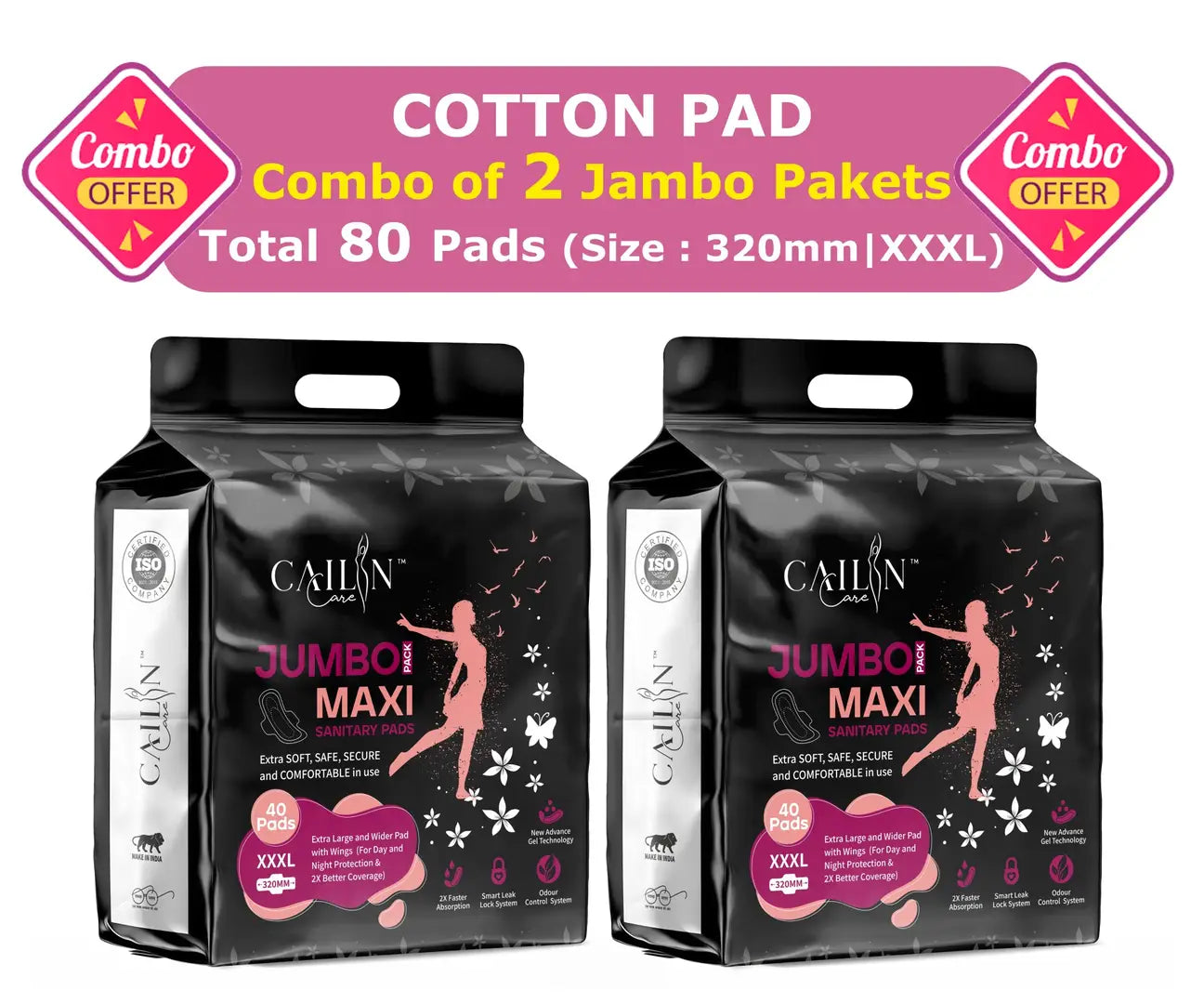 Extra Soft Cotton Sanitary Napkins ( XXXL Sanitary Pads ) (Combo of 2 Packet | Total 80 Pads)