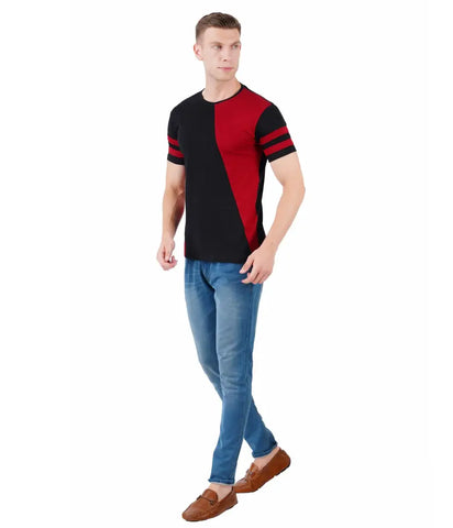 BET Men Premium Cotton Round Neck Color Block T-Shirt Maroon::Black